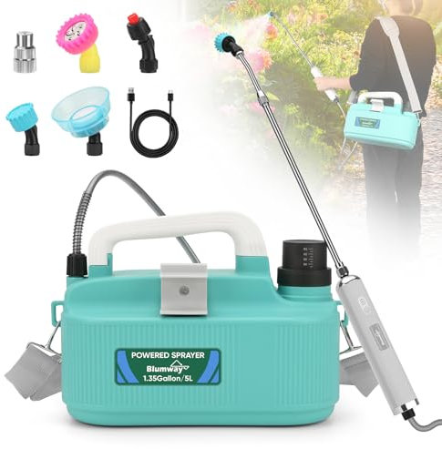 BlumWay Akku-Sprühgerät 1,35 Gallonen, leistungsstarkes elektrisches Sprühgerät mit 5 Nebeldüsen, wiederaufladbarer Handgriff, 4000mAh, Gartensprühgerät mit verstellbarem Schultergurt für Rasen/Garten