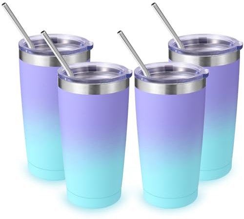 Volhoply 600ml(20oz) Thermobecher mit Deckel und Strohhalm Bulk 4 Pack,Doppelte Wand isoliert Reise Eiskaffee Becher Fits Tassenhalter,Pulver beschichtete Tassen für kalte Getränke(Violett Bule,4)