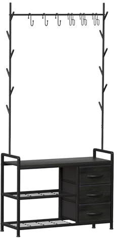 Leader Accessories Garderobenständer mit Bank Metallgarderoben rustikal Kleiderständer 176x30x84cm (HxTxB) Schwarz/Schwarze Holzmaserung
