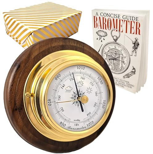 Brass Dial Barometer on Walnut Wood Aneroid Nautical Marine Weather Station in Gift Box