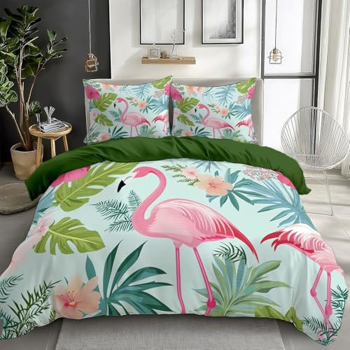 Parure de Lit Housse de Couette Microfibre à Motif Feuilles fleurs et flamants roses tropicaux pour Les garçons Adolescents 240 x 260 cm et 2 x Taies d'oreiller 65x65 cm, Réversible Vert forêt