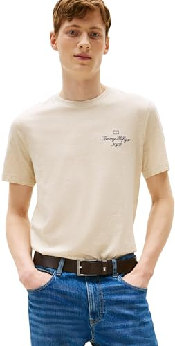 Tommy Hilfiger Herren T-Shirt Kurzarm Outline Script Tee Regular Fit, Beige (Heathered Oatmilk), M