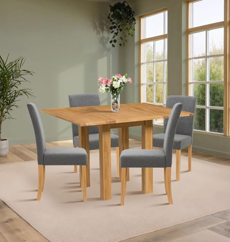 Hallowood Furniture Waverly Light Oak Dining Table and Chairs Set 4, Grey | Small Folding Oak Kitchen Table and Chairs in Straight Back with Grey Linen Fabric Upholstery, Small Spaces Furniture Sets