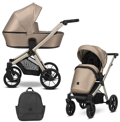 Kunert BRAV 2-in-1-Kinderwagen, Sportsitz, wendbar, Aluminiumrahmen, leicht, Komfort-Design, Regenschutz, Moskitonetz, Flaschenhalter, Rucksack-Korb (Cappuccino Eco)