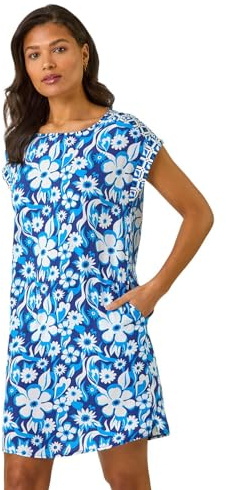 Roman Originals Paisley Print Smocked T-Shirt Dress for Women UK - Ladies Everyday Holiday Spring Summer Round Neckline Comfy Soft Evening Vacation Work Party - Blue Floral - Size 18