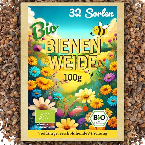 Little Plants Bio Bienenweide Blühmischung 100g Bio Samen Bienenwiese - Blumenwiese Samen mehrjährig winterhart - Enthält 32 Sorten Wildblumensamen und Kräutersamen