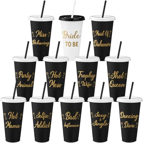Yungyan 12 Pcs Bachelorette Cups for Party 24 oz Bridesmaid Cups with Lids and Straws Funny Bachelorette Party Supplies Bride to Be Tumbler Wedding Bachelorette Bag Fillers (Black)