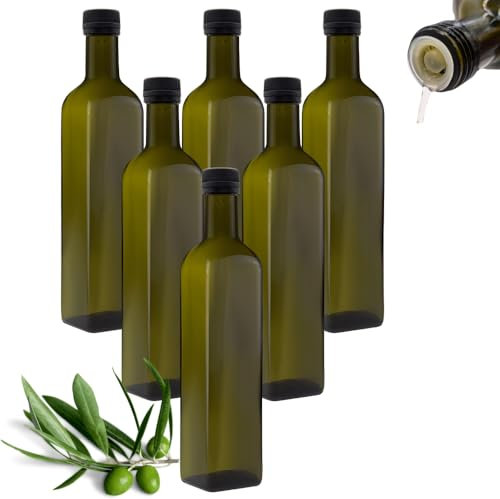 6 bottiglie di olio da 500 ml con beccuccio, colore verde/marrone con dosatore ed etichette