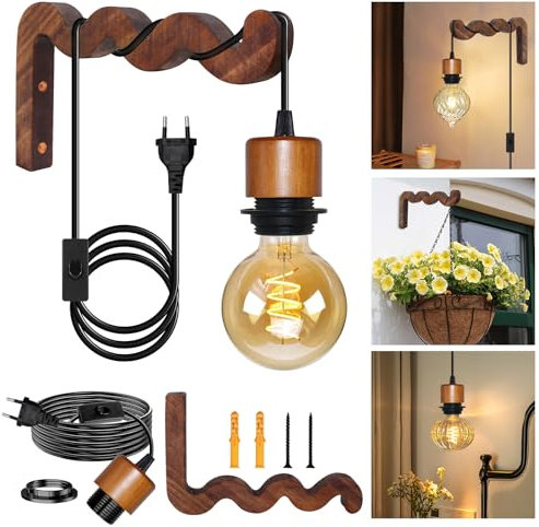 Vintage Schwarze Wandleuchten mit 5M Stecker, Innen Rustikale Wandleuchte mit Schalter, E27 Wandleuchten mit 20X12cm Holz Wandhalterungen, Industrielle Wandleuchte für Schlafzimmer, Keine Glühbirne