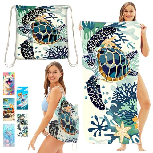 CWENDANER Strandtuch Mikrofaser Handtuch Badetuch, Rucksack Strandtuch Badetuch, 140x70 cm Saugfähig und Schnell Trocknende Sandfrei, für Strand, Reise, Schwimmen(Schwarze Schildkröte)