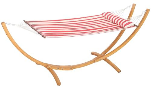 Outsunny Hamac sur Pied 1 Place, hamac avec Support en Bois, Oreiller de tête, lit en Coton, pour terrasse extérieur Piscine, Rayures Rouges et Blanches