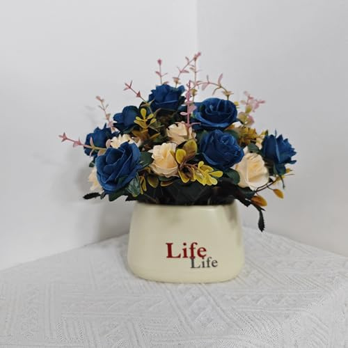 YORNOU Artificial Flower Mini Potted Plant Set, Blue + Champagne Rose Greenery + Thickened Plastic Flower Pot, Small Fake Plants Potted Plants Desktop Decoration for Office, Bedroom,Wedding
