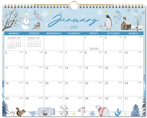 2027 kalender - 2027 väggkalender, jan 2027 - dec 2027, 12 månaders att visa kalender, 37 x 29 cm, med stora block, semestrar, tjockt papper, vackert säsongsfestivalmönster