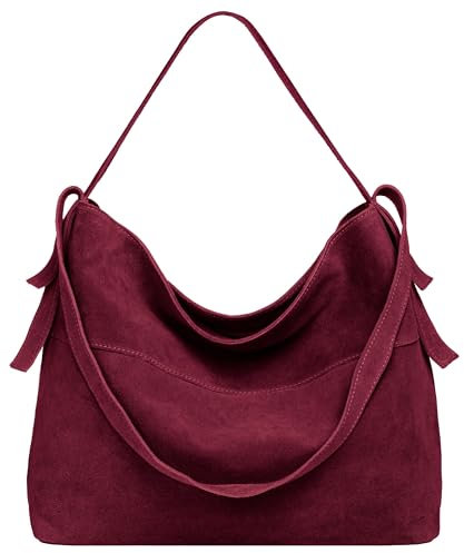Caspar große Vintage Leder Schultertasche lässige Damen Handtasche aus Wildleder mit Reißverschluss - PREMIUM LINE - Modell No.816 - Made in Italy, Farbe:weinrot