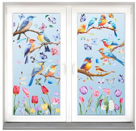 9 Blatt Fensterbilder Vögel, Vogel Aufkleber Fenster Selbstklebend Doppelseitig Blumen Vogel, Wiederverwendbare Fenstersticker, Fensterdeko für Glas, Kinderzimmer, Badezimmer