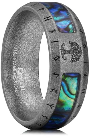 King Will Herren-Ehering 8mm aus Edelstahl, Dreh- oder Basismodell, schwarz/grau/silber/gold plattiert, mit griechischem Schlüssel-, Runen- oder Lebensbaum-Muster, Komfort-Fit