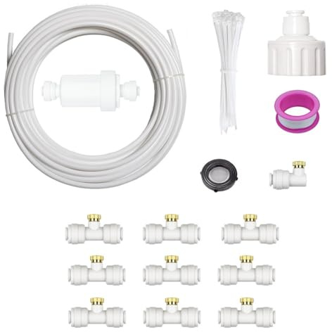 TONIXY Sistema de nebulización de patio, manguera de refrigeración por atomización de 32.8 pies con boquillas de latón, para jardín, terraza, balcón (blanco 10 m 10 cabezas)