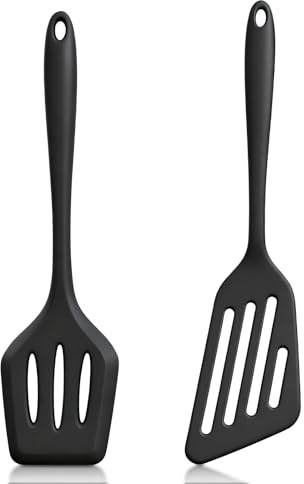 Lahnaokfis 2 Stück Pfannenwender Silikon, Spatula aus Lebensmittelechtem, Bratenwender, Geschlitzt, Antihaftbeschichtet, Hitzebeständig, Ideales Kochgeschirr für Fisch, Eier, Pfannkuchen, Schwarz