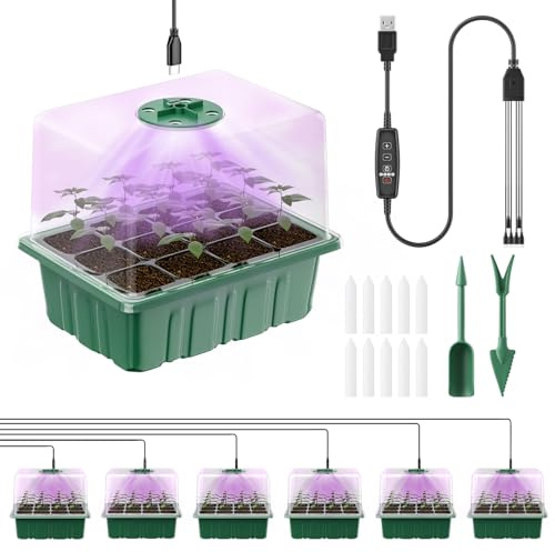 Pawfly 6 Pack Seed Starter Kit, 72 Cells, Seed Starter Trays with Adjustable Grow Lights & 10 cm Humidity Domes, Indoor Seedling Starter Sets, Reusable Plant Germination Cells, Seed Starting Trays