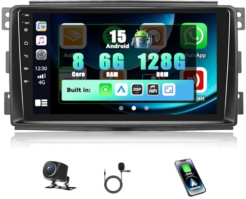 SIXWIN 8 Core 6+128G Android 15 Autoradio per Mercedes Benz Smart Fortwo 2005-2010 con CarPlay/Android Auto/DSP, 9'' HD Navigatore Stereo con WiFi GPS Bluetooth 5.0 USB FM RDS Radio Mirror Link 32 EQ