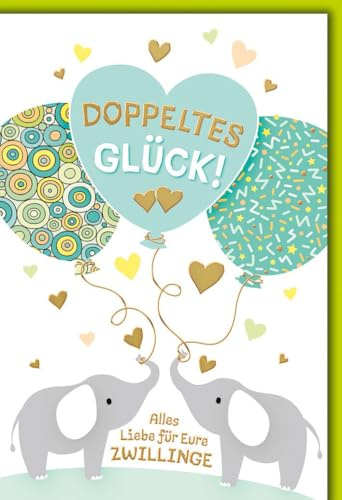 Geburtskarte für Eltern - Zwillinge - Elefanten mit Herzballons und buntem Muster - Klappkarte mit Umschlag Glückwunschkarte Geburt