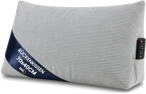 Keilkissen Rückenkissen für Bett und Sofa 70 cm breit - großes Lesekissen Couchkissen Wandkissen – Sofakissen Stützkissen für die Rückenlehne Reading Pillow Rückenstützkissen Hellgrau – Cordstoff