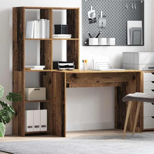 Foknhdi Schreibtisch Altholz 138,5 x 55 x 143 cm mit 4 Regalen, robuster Holzwerkstoff, Modernes Design, Langlebig & Stauraumreich, Bürotisch for Home Office, Living Room and Gaming Zone
