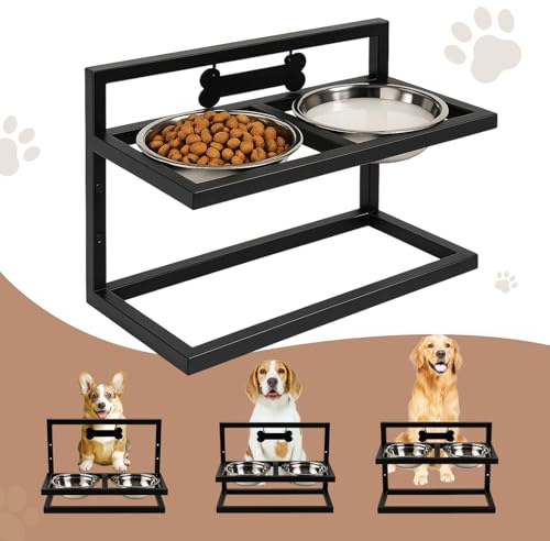 Elevated Dog Bowl Stand with 2 Stainless Steel Bowls, Adjustable Height, Black Metal Frame, for Dry Food or Water