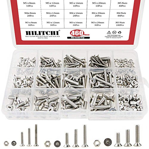 hilitchi 460-piece Metrisches M3 M4 M5 Innensechskant flach Senkkopf Schrauben Schraube Mutter Sortiment Kit – 304 Edelstahl