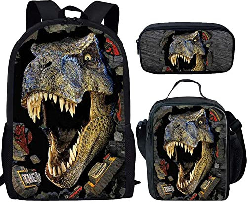 HUGS IDEA T-rex Dinosaur Backpack Teen Boys School Book bag with Lunch Box Pen Case 3 in 1