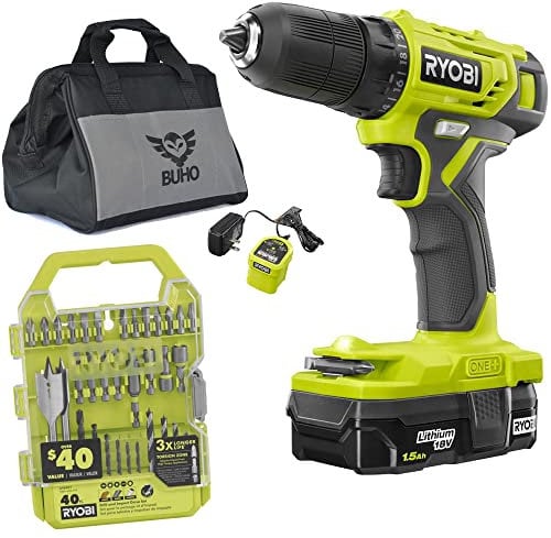 RYOBI 18V ONE+ Drill Set Bundle with Drill/Driver, 1.5 Ah Battery, Charger, 40 Piece Drill Bits, Tool Bag
