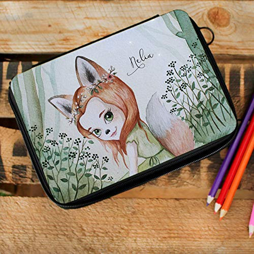 ilka parey wandtattoo-welt Gefüllte Federtasche mit Fuchsmädchen Fara Schulstart Federmappe individuelles Federmäppchen & Namen Wunschnamen fm186
