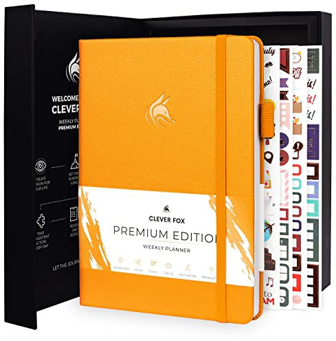 Clever Fox Planer Premium Edition - Luxuriöser Wochen & Monatsplaner zur Produktivitätssteigerung und zum Erreichen Ihrer Ziele - Organizer - Undatiert, Start jederzeit möglich, A5 - Bernsteingelb