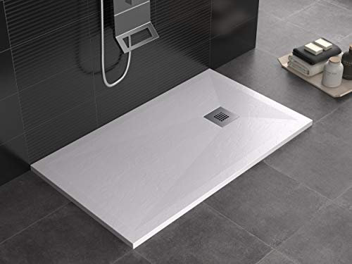 Receveur de douche blanc en mineralmarbre effet pierre ardoise série Lion, slim 3 cm, revêtu de Gelcoat, antidérapant (80 x 150)