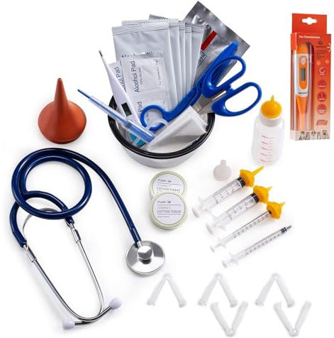 REDDOUDOU Kit de parto para cachorros y gatitos, kit de parto con tetina de alimentación, biberón, estetoscopio, tijeras, abrazaderas de cable, aspirador, etc. Kit completo