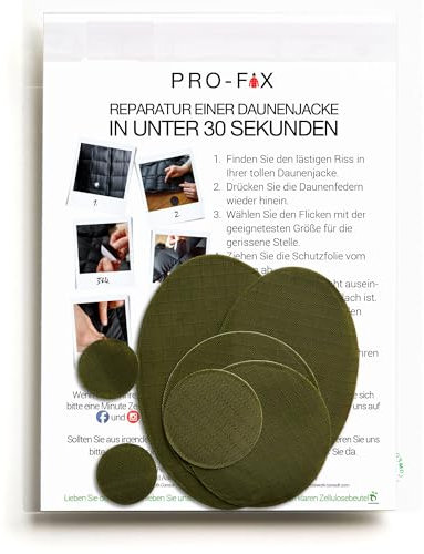 PRO FIX: Einfach zu verwendende Flicken-Sets für Daunenjacken - Selbstklebende, wasserfeste, reißfeste Flicken zur Reparatur von Kleidung, Schlafsäcken, Zelten, Outdoor-Ausrüstung - Olivgrün
