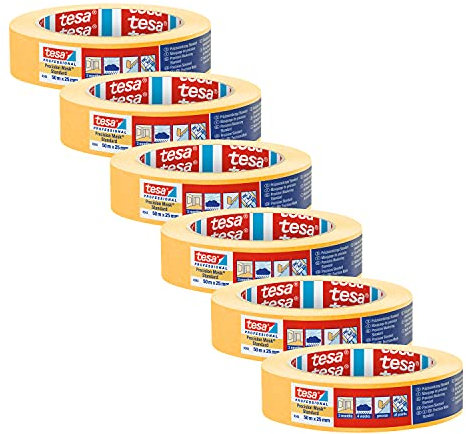 tesa Crêpe de précision 4334 PLUS - Pack de 6 - Crêpe de peintre professionnel avec support papier extra fin - pour masquer et couvrir avec une précision extrême - jaune - 50 m x 25 mm chaque