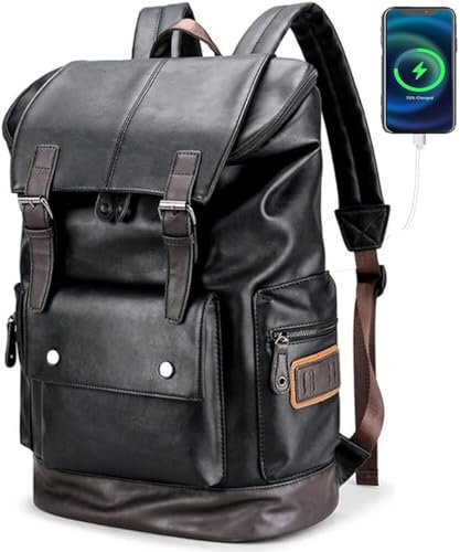 CHAO RAN Sac à dos vintage en cuir pour ordinateur portable pour homme, sac à dos en cuir noir, noir, Large, Sac à dos de voyage universitaire