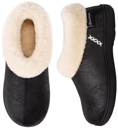 EverFoams Ladies' Micro Suede Memory Foam Slippers with Fluffy Faux Fur Collar and Indoor Outdoor Rubber Sole Black, Size 9-10 UK