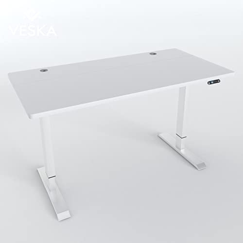 VESKA Höhenverstellbarer Schreibtisch (140 x 70 cm) - Sitz- & Stehpult - Bürotisch Elektrisch Höhenverstellbar mit Touchscreen & Stahlfüßen (Weiß/Weiß)