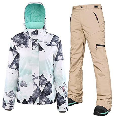 HOTIAN Ensemble veste et pantalon de ski pour femme - Imperméable et coupe-vent - Veste de snowboard chaude d'hiver, 1blanc+kaki, XS