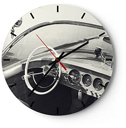 Modern Wanduhr Luxus Boot Schwarz und Weiß 40x40cm Rund Groß Wand Uhr Glas Analog Zimmeruhren Küche Büro Wohnzimmer Glasuhr Wall Clock Dekoration Design Wanddekoration Küchenuhr C3AR40x40-4209