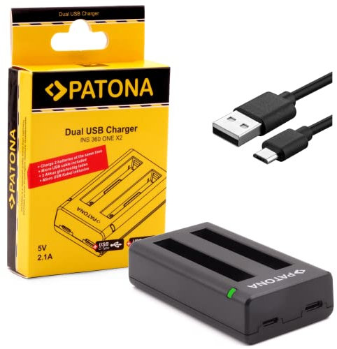 PATONA Ladegerät Dual Micro USB/USB-C Input (5V / 2,1A) für IS360X2B Akku kompatibel mit Insta360 One X2 Insta 360 Action Cam