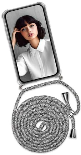 ONEFLOW Handykette für Samsung Galaxy M53 5G Hülle mit Band, Handyhülle mit Kette abnehmbar, Handyband zum Umhängen, Handy Umhängeband Lange Handykordel, Twist Case – Grau Weiß