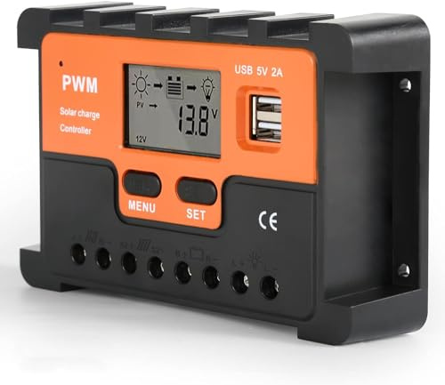 10-60A PWM-Controller, 12V 24V Sonnenkollektor Hochleistungs-Intelligentes Batterieladegerät Steuermontage, PV-Lademonitorregler mit USB und Kühlkörper (20A)