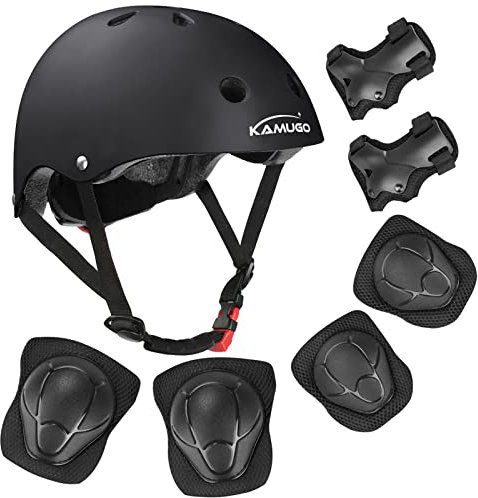 KAMUGO Enfants Casque de vélo pour Les âges 2-8 garçons avec Filles équipement de Protection de Sport Genou coude Poignets pour Skateboard vélo Scooter Patins Ligne (Noir)