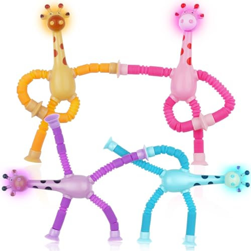 Ainiv 4 Piezas Juguete Telescópico con Ventosa, Juguete de Jirafa Telescópico, Tubo Elástico Juguetes Educativos para Aliviar el Estrés para Niños, Juguete Sensorial de Educativos Regalos con Luces