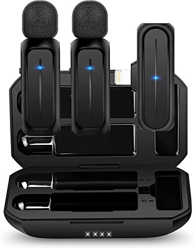 Wireless Lavalier Microphone for iPhone iPad with Charging Case, 2 Pack Professional Lapel Microphone, 7H Clip on Lav Cordless Microphones for Video Recording, YouTube, Interview, 3 Mode Denoise, 70ft