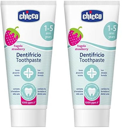 Chicco Pasta de Dientes de Fresa Sensible de Baja Abrasión con Flúor, Xilitol, Sin Conservantes, Ayuda a Prevenir Caries y Eliminar Placa - para Niños+1 Año, 50 ml (Paquete de 2)