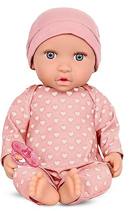 LullaBaby - Baby Puppe - Schlafanzug mit rosa Herzchen-Print - 36 cm Realistische Baby-Puppe - Heller Hautton & graue Augen - Weicher Körper & abnehmbares Outfit - Spielzeug für Kinder ab 2 Jahren